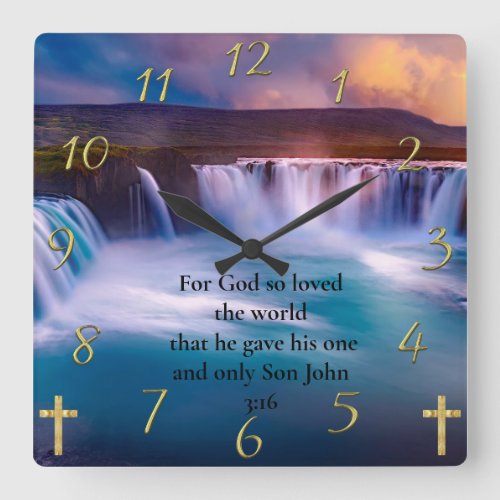 Gold Christian Faith Prayer  John 316 Square Wall Clock