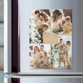 Gold Christmas 4 Photo Collage Magnetic Cards
