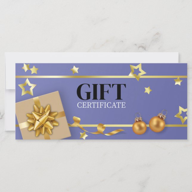Gold Christmas Ball Blue Stars Ribbon Gift Card (Front)