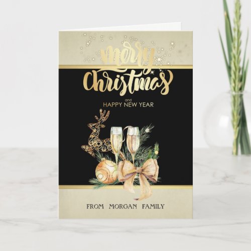 Gold Christmas BallWine GlassReindeerBow Holiday Card