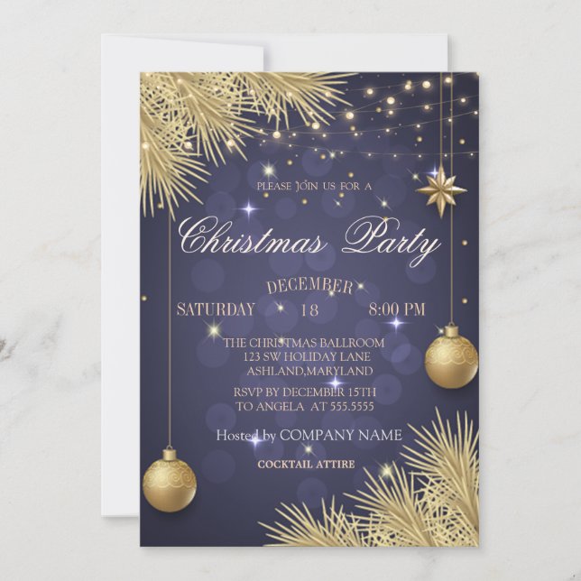 Gold Christmas Balls Branches Christmas Company Invitation (Front)