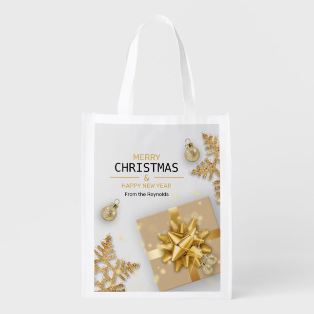 Gold Christmas Balls Gift Box Gold Snowflakes Grocery Bag (Front)