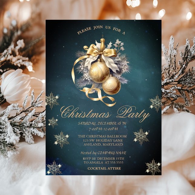 Gold Christmas Balls,Snowflakes Vintage Company  Invitation (Creator Uploaded)