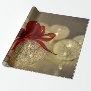 Gold Christmas Balls,String Lights,Red Bow Holiday Wrapping Paper