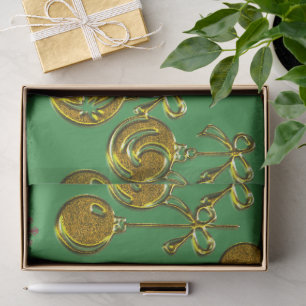 Gold Christmas Baubles on Green Christmas Tissue Paper