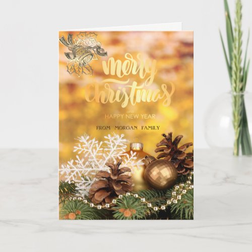 Gold Christmas BellBallsSnowflakePine Cones Holiday Card