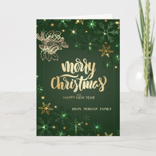 Gold Christmas BellGreen Snowflakes  Holiday Card
