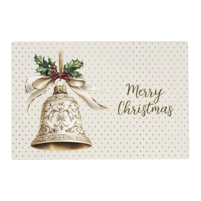 Gold Christmas Bell Shiny Stars Green Leaves Paper Placemat (Front)