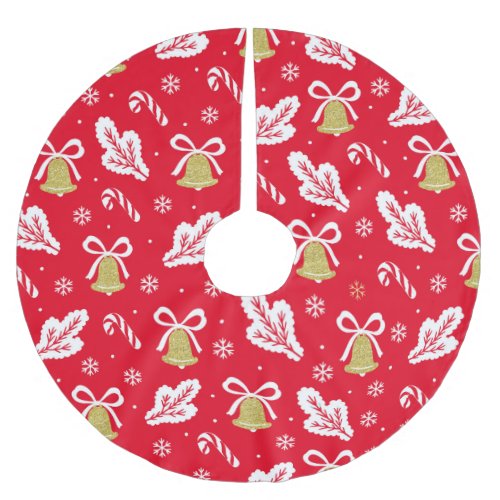 Gold Christmas Bells Candy Canes Snowflakes Brushed Polyester Tree Skirt