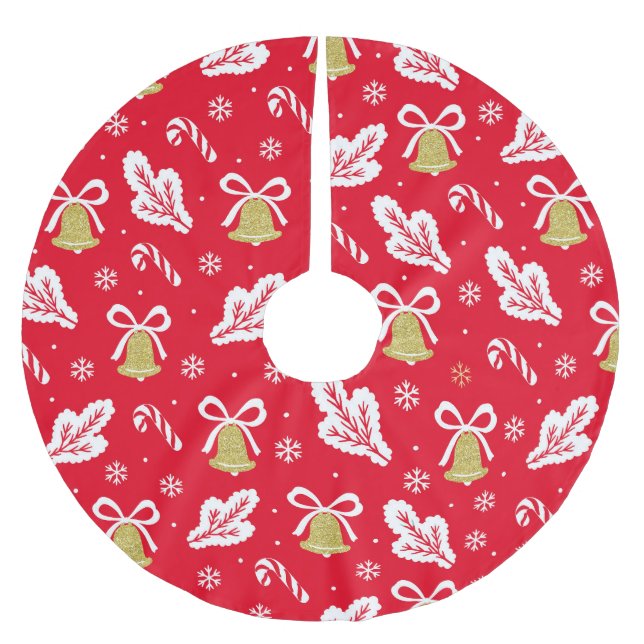 Gold Christmas Bells, Candy Canes Snowflakes Brushed Polyester Tree Skirt (Front)