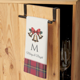 Gold Christmas Bells Customized Monogram Christmas Kitchen Towel