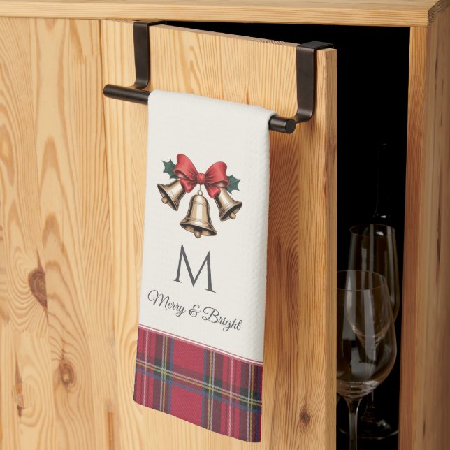 Gold Christmas Bells Customized Monogram Christmas Kitchen Towel (Thirds Fold)
