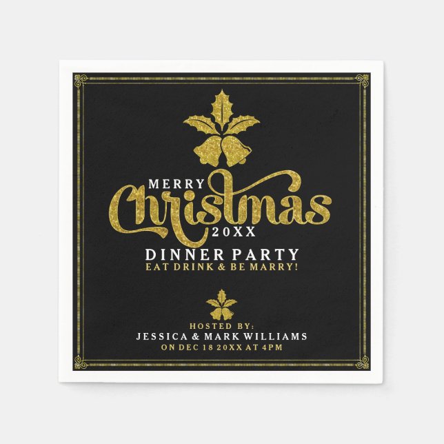 Gold Christmas Bells Dinner Party Design Paper Napkins (Front)