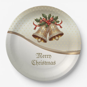 Gold Christmas Bells Holiday Paper Plate