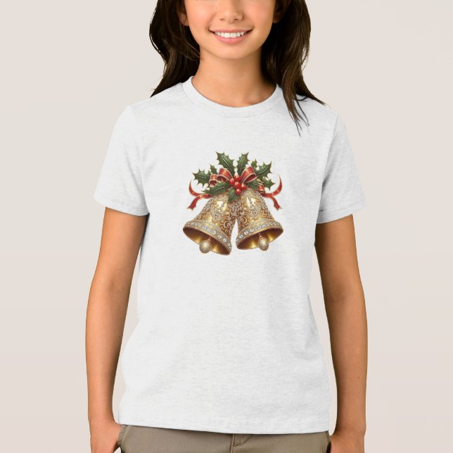 Gold Christmas Bells Holiday T-Shirt Tri-Blend Shirt (Front)