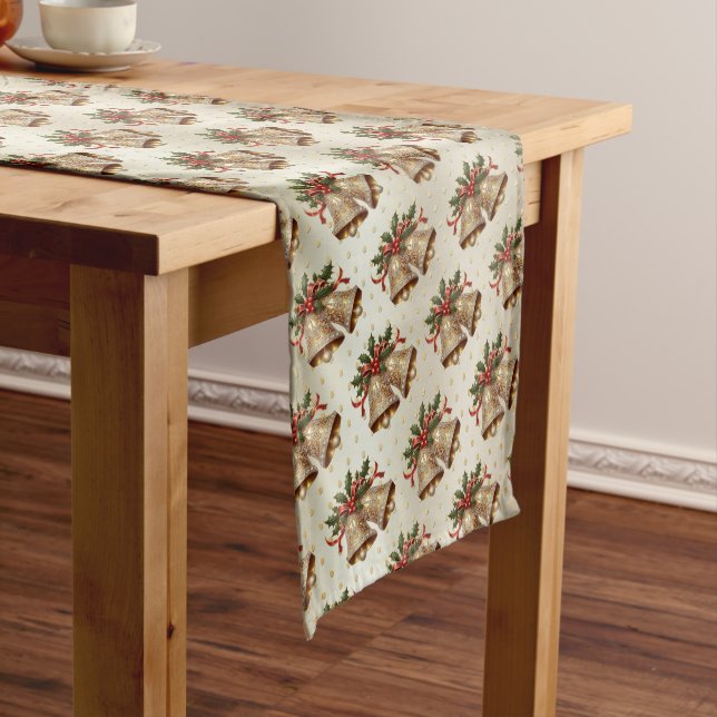 Gold Christmas Bells Holiday Table Runner (In Situ)