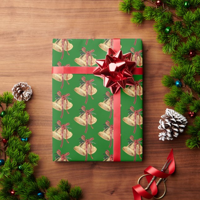 Gold Christmas Bells On Green Wrapping Paper (Holiday Gift)