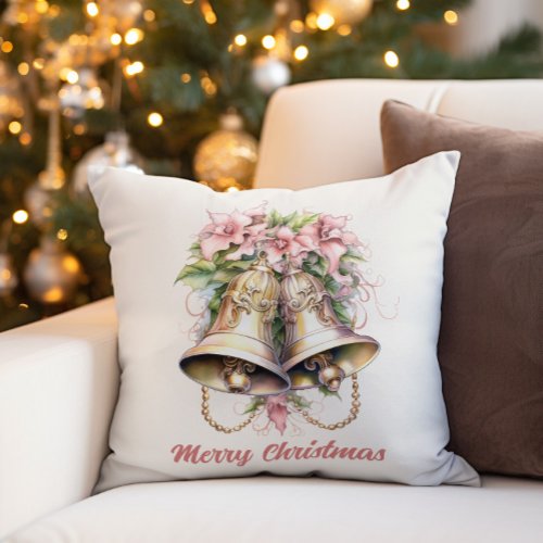 Gold Christmas Bells Pink Flowers  Throw Pillow