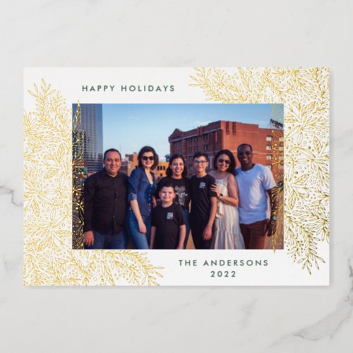 Gold Christmas Botanical Photo Happy Pressed Foil Holiday Card