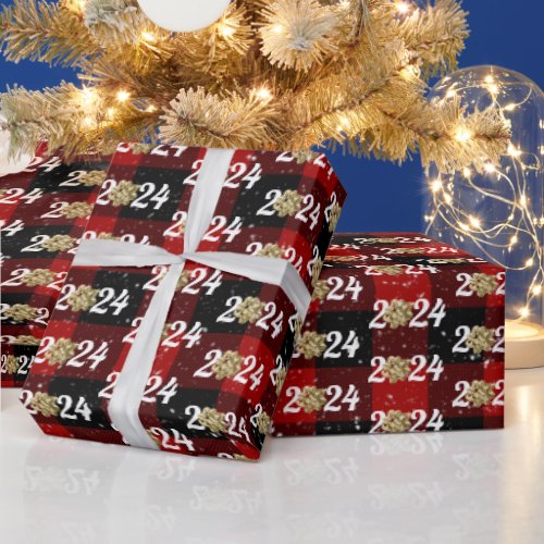 Gold Christmas Bow On Plaid 2024 Wrapping Paper