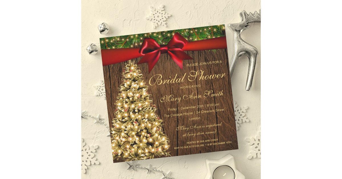 Gold Christmas Bridal Shower Tree Lights Ribbon Invitation | Zazzle