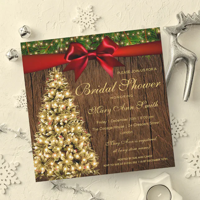 Gold Christmas Bridal Shower Tree Lights Ribbon Invitation | Zazzle
