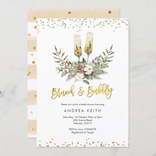 Gold Christmas Brunch and Bubbly Bridal Shower Invitation