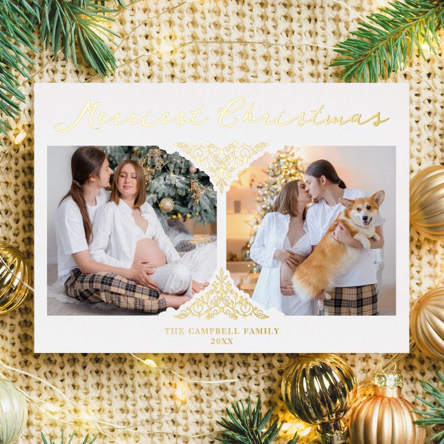 Gold Christmas Classic Filigree Ornament 2 Photos Foil Invitation (Creator Uploaded)