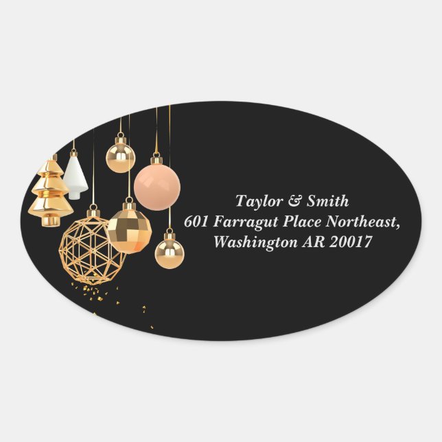 Gold Christmas Decorations in Black Background Oval Sticker (Front)