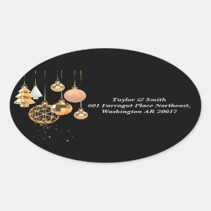 Gold Christmas Decorations in Black Background Oval Sticker