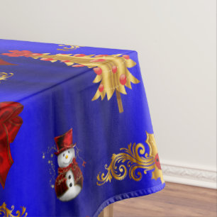 Gold Christmas Decorations on Blue Tablecloth