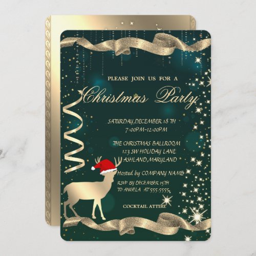 Gold Christmas DeerSparkleGreen Christmas Party Invitation