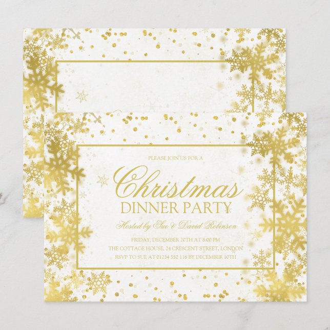 Gold Christmas Dinner Party Winter Snowflakes Invitation (Front/Back)