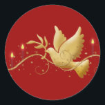 Gold Christmas dove peace elegant Classic Round Sticker<br><div class="desc">Custom stickers for the Christmas holidays & christian events. Change the color of the background and add text to make it unique. This sticker has a graphic of a gold dove of peace flying with its wings arched upwards, carrying an olive branch in its beak. It is flying across a...</div>