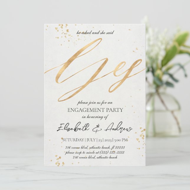 Gold Christmas Engagement Party Invitations (Standing Front)