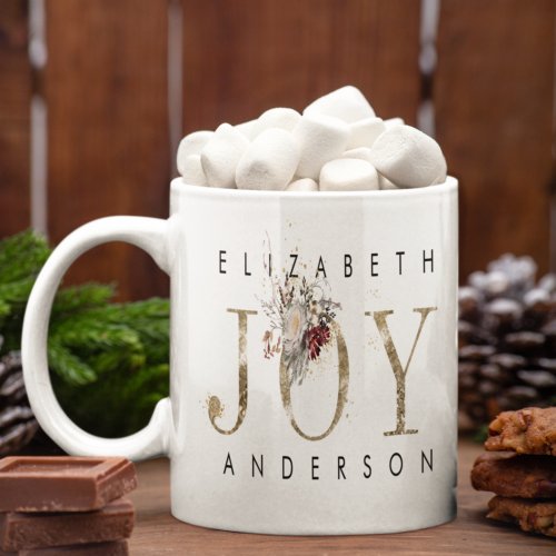 Gold Christmas Floral Joy Personalized   Coffee Mug
