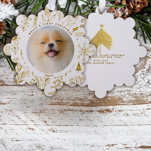Gold Christmas Floral Pets First Christmas Photo Ornament Card