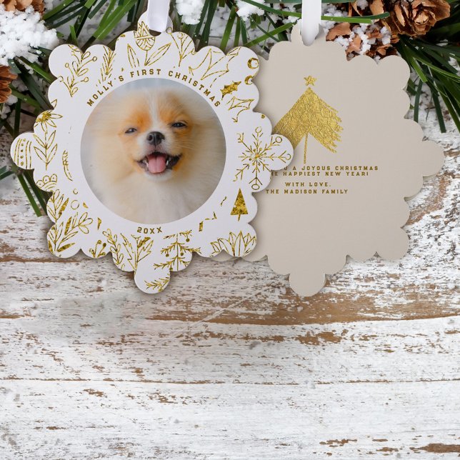 Gold Christmas Floral Pet's First Christmas Photo Ornament Card (Creator Uploaded)