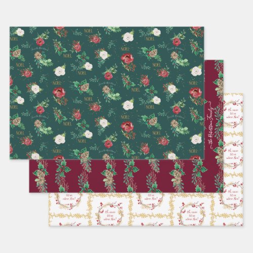 Gold Christmas Floral Red Green Watercolor Family Wrapping Paper Sheets