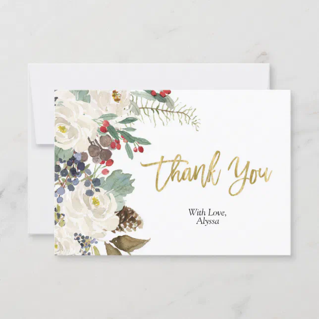 Gold Christmas Floral Thank You card | Zazzle