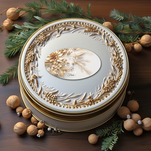 Gold Christmas Flowers and Berries Sparkle Oval Sticker