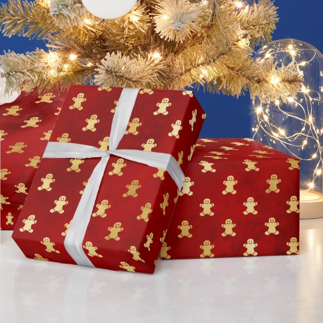 Gold Christmas Gingerbread Men on Red Wrapping Paper (Holidays)