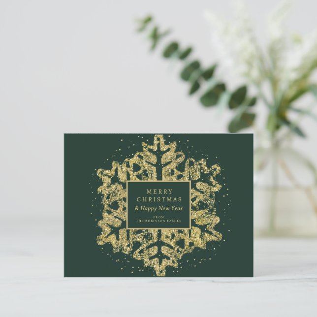 Gold Christmas Glitter Snowflake Corporate Green Holiday Postcard (Standing Front)