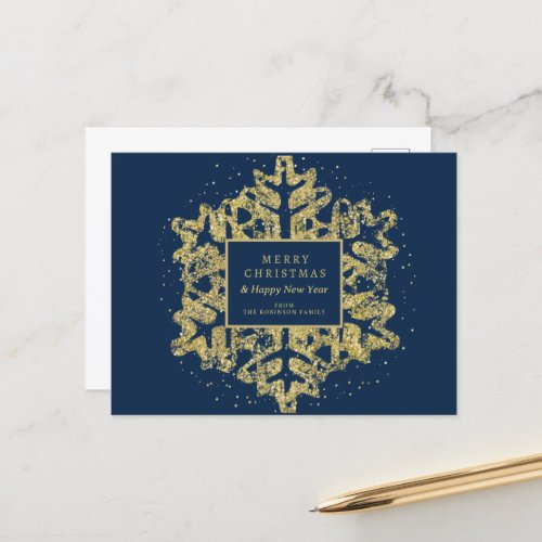 Gold Christmas Glitter Snowflake Corporate Navy  Holiday Postcard