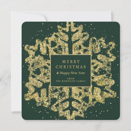 Gold Christmas Glitter Snowflake Family Green Holiday Card