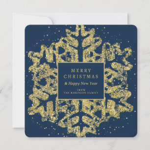 Gold Christmas Glitter Snowflake Family Navy Holiday Card