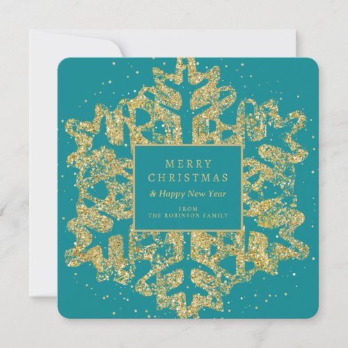Gold Christmas Glitter Snowflake Family Teal  Holiday Card