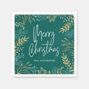 Gold Christmas Greenery Teal Holiday Napkins