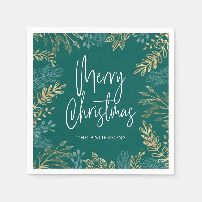 Gold Christmas Greenery Teal Holiday Napkins (Front)