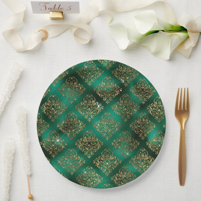 Gold Christmas Holiday Metallic Damask Elegant Paper Plates (Wedding)